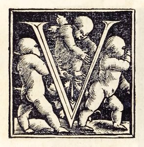 Valaistu "V" Sir Thomas Moren (1478-1535) Utopian kolmannesta painoksesta vuodelta 1518 Baselissa, joka julkaistiin ensimmäisen kerran vuonna 1516. Hans Holbein nuoremman (n. 1497-1543) puupiirros tekijältä Hans Holbein der Jüngere
