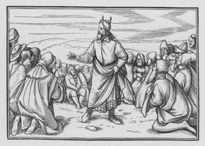 Mooses harjoittelee kertomusta Israelin matkasta erämaan halki, 5. Moos. I, 3 tekijältä Hans Holbein der Jüngere