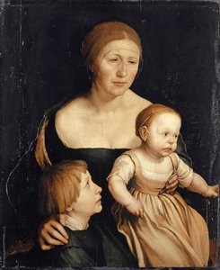 Muotokuva taiteilijan vaimosta ja kahdesta vanhemmasta lapsesta, 1528-29 (sekatekniikka paperille ja puulle kiinnitettynä).