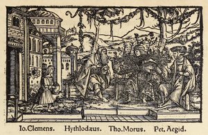 Sir Thomas Moren (1478-1535) Baselissa julkaistu puupiirros vuodelta 1518, kolmas painos Utopiasta, jossa kirjailija keskustelee päähenkilön Raphael Hythlodayn kanssa ihanteellisesta yhteiskunnasta, jonka hän löysi Utopian saarelta. Hans Holbein nuoremman  tekijältä Hans Holbein der Jüngere