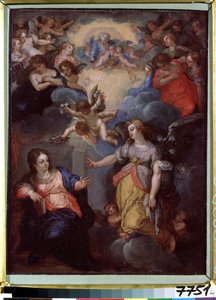 Ilmoitus. Hans Rottenhammer Groinin (1564-1625) maalaus. Öljy kuparille, 37 x 21 cm. Saksalainen taide, manierismi. Latvian tasavallan ulkomaantaiteen valtionmuseo, Riika (Latvia).