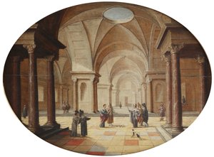 Klassinen palatsin sisustus, jossa Mooses muuttaa faraon valtikka käärmeeksi (öljy paneelissa) tekijältä Hans Juriaensz. van Baden