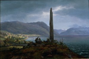 Frithjofin muistokivi Leikangerissa, Balestrand in Soon (öljy kankaalle) tekijältä Hans Leganger Reusch