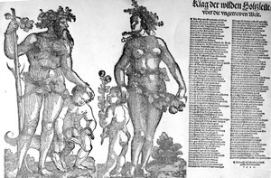 Hans Guldenmundin puupiirros, 1545, laaja käsitys metsän villimiesten vetäytymisestä maailmasta, joka on muuttunut huonompaan suuntaan