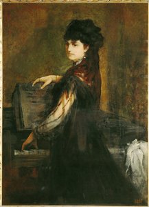 Amalie Makart, o.s. Rothmayr, taiteilijan ensimmäinen vaimo, pianon ääressä ... (maalaus kankaalle). tekijältä Hans Makart