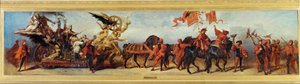 Die Eisenbahnen - Rautatiet, luonnos juhlavuoden prossessiota varten 1879 ... (maalaus kankaalle) tekijältä Hans Makart