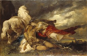 Valkyrie et un heros mourant - Valkyrie and a Dying Hero, kirjoittanut Makart, Hans (1840-1884). Öljy kankaalle. Mitat: 130x200 cm. Tukholman kansallismuseo tekijältä Hans Makart