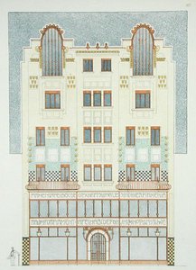 Suunnitelma viisikerroksiseen rakennukseen, 1900-luvun alku, "Documents Architecture Moderne" (väri litho) tekijältä Hans Mayr