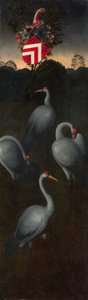 Pagagnotti-suvun vaakunaiset nosturit Triptyykin paneelin kääntöpuoli, n. 1480 tekijältä Hans Memling