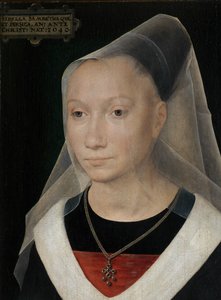 Yksityiskohta nuoren naisen muotokuvasta tekijältä Hans Memling