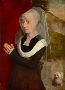 Femme en priere avec son chien - Rukoileva nainen koiransa kanssa, kirjoittanut Memling, Hans (1433/40-1494). Öljy puulle tekijältä Hans Memling