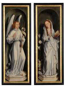 Takapuoli siipiparista, jossa näkyy ilmestys (öljy paneelissa) tekijältä Hans Memling