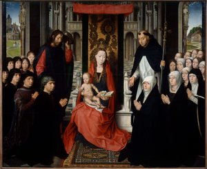 Neitsyt ja lapsi Saint Jamesin ja Saint Dominican välillä esittämässä luovuttajia tai Jacques Floreinsin neitsyt. Hans Memlingin (1435-1494) maalaus (ec.flam.) 1400-luvun su. 1,3x1,6 m tekijältä Hans Memling