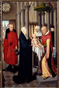 Taikaiden palvonnan triptyykki. Yksityiskohta oikeanpuoleisesta paneelista: esitys temppelissä. Hans Memlingin (1433-1494) Detrempe puulle, noin 1470. Madrid. Pradon museo tekijältä Hans Memling