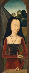 Nuori nainen vaaleanpunaisella, n. 1485-90. tekijältä Hans Memling