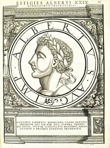 Albert I, kuvitus teoksesta "Kaiken idän ja lännen Rooman keisarit", Rudolph Wyssenbachin puupiirros, paina Andreas Gesner, Zürich tekijältä Hans Rudolf Manuel Deutsch
