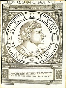 Henrik III, kuvitus teoksesta "Kaiken idän ja lännen Rooman keisarit", Rudolph Wyssenbachin puupiirros, paina Andreas Gesner, Zürich tekijältä Hans Rudolf Manuel Deutsch