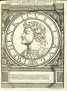 Henricus I Auceps, kuvitus teoksesta "Imperatorum romanorum omnium orientalium et occidentalium verissimae imagines ex antiquis numismatis", Rudolph Wyssenbachin puupiirros, Andreas Gesnerin painama, Z