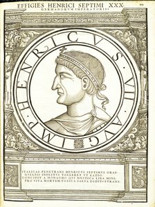 Henrik VII, kuvitus teoksesta "Kaiken idän ja lännen Rooman keisarit", Rudolph Wyssenbachin puupiirros, paina Andreas Gesner, Zürich tekijältä Hans Rudolf Manuel Deutsch