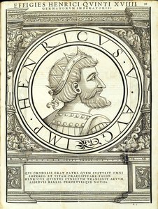 Henrik V, kuvitus teoksesta "Kaiken idän ja lännen Rooman keisarit", Rudolph Wyssenbachin puupiirros, paina Andreas Gesner, Zürich tekijältä Hans Rudolf Manuel Deutsch