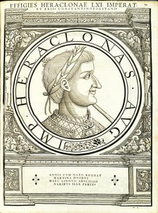 Heraclonas, kuvitus teoksesta "Kaiken idän ja lännen Rooman keisarit", Rudolph Wyssenbachin puupiirros, paina Andreas Gesner, Zürich tekijältä Hans Rudolf Manuel Deutsch