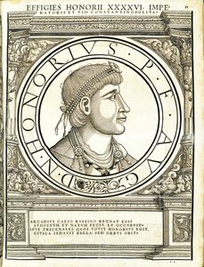 Honorius, kuvitus teoksesta "Kaiken idän ja lännen Rooman keisarit", Rudolph Wyssenbachin puupiirros, Andreas Gesner, Zürich, 15 tekijältä Hans Rudolf Manuel Deutsch