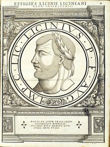 Licinius I, kuvitus teoksesta "Kaiken idän ja lännen Rooman keisarit", Rudolph Wyssenbachin puupiirros, paina Andreas Gesner, Zürich tekijältä Hans Rudolf Manuel Deutsch