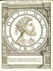 Otho I Magnus, kuvitus teoksesta "Kaiken idän ja lännen Rooman keisarit", Rudolph Wyssenbachin puupiirros, paina Andreas Gesner, Zuric tekijältä Hans Rudolf Manuel Deutsch
