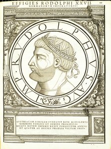 Rodolphus, kuvitus teoksesta "Imperatorum romanorum omnium orientalium et occidentalium verissimae imagines ex antiquis numismatis", Rudolph Wyssenbachin puupiirros, Andreas Gesnerin painama, Zürich, 1 tekijältä Hans Rudolf Manuel Deutsch
