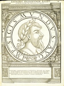 Sigismundus, kuvitus teoksesta "Imperatorum romanorum omnium orientalium et occidentalium verissimae imagines ex antiquis numismatis", Rudolph Wyssenbachin puupiirros, painanut Andreas Gesner, Zürich, tekijältä Hans Rudolf Manuel Deutsch