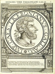 Trebonianus Gallus, kuvitus teoksesta "Kaiken idän ja lännen Rooman keisarit", Rudolph Wyssenbachin puupiirros, Andreas Gesnerin painatus, tekijältä Hans Rudolf Manuel Deutsch