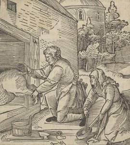 Sikaa teurastava maanviljelijä, Hymmelwagen auff dem, wer wol leben..., 1517. tekijältä Hans Schäufelein the Elder