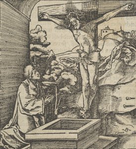 Mies rukoilemassa krusifiksin edessä, kirjasta Hymmelwagen auff dem, wer wol Leben..., 1517. tekijältä Hans Schäufelein the Elder