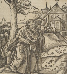 Vanha pyhiinvaeltaja kävelee oikealle, Hymmelwagen auff dem, wer wol Leben..., 1517. tekijältä Hans Schäufelein the Elder
