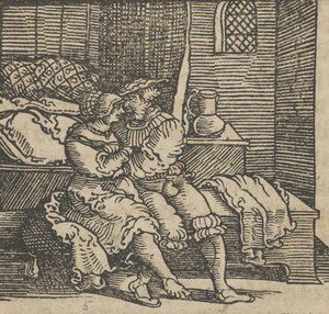Spinneloccio lukittuna arkkuun, jossa hänen vaimonsa ja Zeppa istuvat, peräisin..., ennen vuotta 1534. tekijältä Hans Schäufelein the Elder