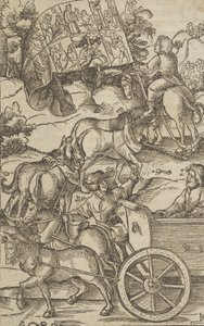 Hyveellinen mies vaunuissa matkalla taivaaseen, kirjasta Hymmelwagen auff dem, wer wol leb..., 1517.