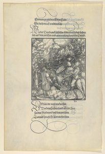 Unfalo sai Theuerdanckin putoamaan ansaan metsästyksen aikana, Theuerdanck, 1517. tekijältä Hans Schäufelein the Elder