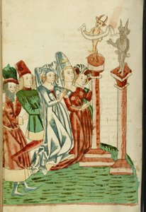 Ryhmä miehiä ja naisia palvoo kahta epäjumalaa, 1469 (muste, pesut ja tempera paperille)