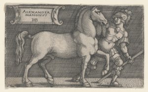 Aleksanteri Suuri johtava Bukefalus, n. 1531-1550 (kaiverrus) tekijältä Hans Sebald Beham