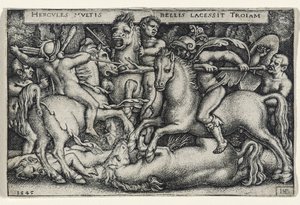 Hercules taistelee troijalaisia vastaan, 1545 (kaiverrus paperille) tekijältä Hans Sebald Beham