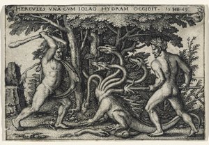 Hercules Slaying the Hydra, 1545 (kaiverrus paperille) tekijältä Hans Sebald Beham