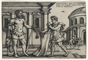 Lichas tuomassa Nessuksen vaatteen Herculesille, 1540-luku (kaiverrus taitetulle paperille) tekijältä Hans Sebald Beham
