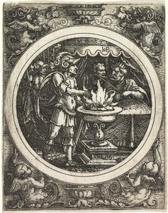 Mucius Scaevola pitelemässä kättä tulessa, n. 1520. tekijältä Hans Sebald Beham