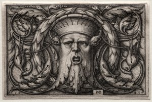 Ornament of Satyrs pää ja seppele, 1543. tekijältä Hans Sebald Beham