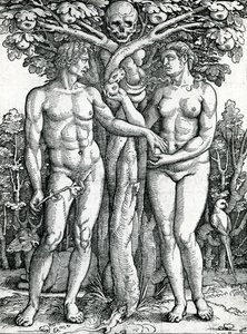 Aadamin ja Eevan lankeemus, n. 1525-27 (puupiirros) tekijältä Hans Sebald Beham