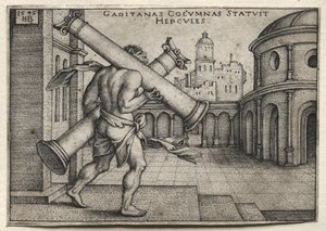 Herkuleen työt: Herkules kantamassa Gades-pylväitä, 1545. tekijältä Hans Sebald Beham
