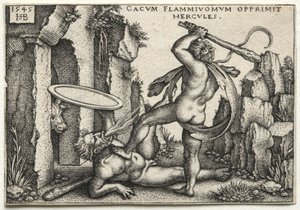Herculesin työt: Hercules tappaa jättiläiskakuksen, 1545. tekijältä Hans Sebald Beham