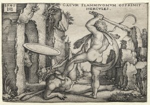 Herculesin työt: Hercules tappaa jättiläiskakuksen, 1545. tekijältä Hans Sebald Beham