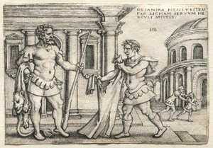 Herculesin työt: Herkules saa Nessus-vereen täytyneen vaatteen, 1542. tekijältä Hans Sebald Beham