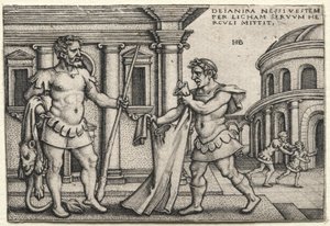 Hercules vastaanottaa Nessussin verellä kastetun vaatteen, 1542. tekijältä Hans Sebald Beham
